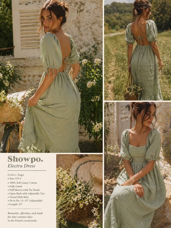 Showpo. Dresses & Skirts - Showpo Dress Sage Green US 4 Cotton Gauze Puff Sleeve Open Back Midi Cottagecore